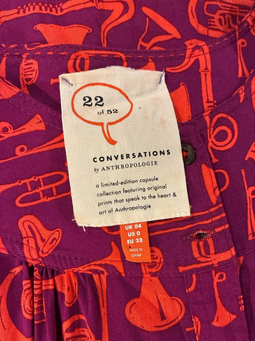 Anthropologie Conversations 22 of 52 Toot Your Horn Musical Jazz Blouse Sz 0